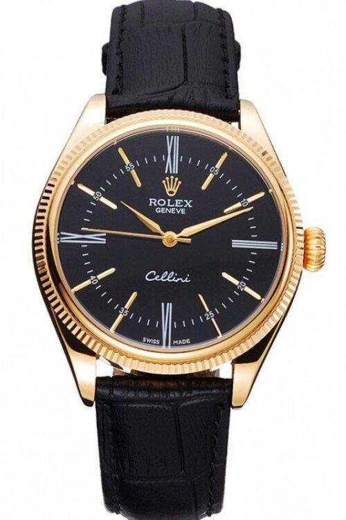 Rolex Cellini Black Dial Gold Case Black Leather Strap 622832