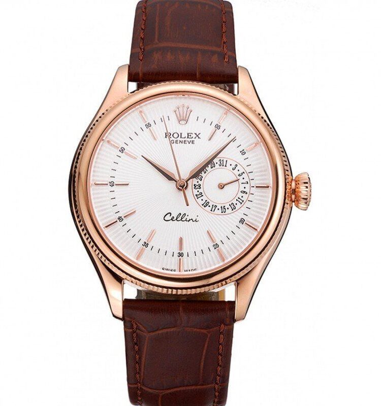 Rolex Cellini White Rose Dial Gold Case Brown Leather Bracelet 622725